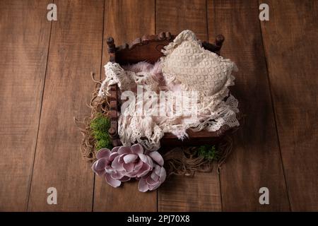Newborn photography set with little bed Stock Photo