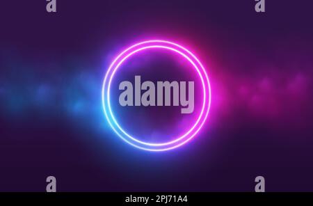 Neon circle frame with smoke cloud, glowing gradient ring with colorful fog and double border. Stock Vector