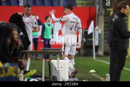 Brussels, Belgium. 31st Mar, 2023. RSCA Futures' Lucas Stassin gestures during a soccer match between RSCA Futures (Anderlecht U23) and SK Beveren, Friday 31 March 2023 in Brussels, on day 5 (out of 10) of the Promotion Play-Offs of the 2022-2023 'Challenger Pro League' 1B second division of the Belgian championship. BELGA PHOTO VIRGINIE LEFOUR Credit: Belga News Agency/Alamy Live News Stock Photo