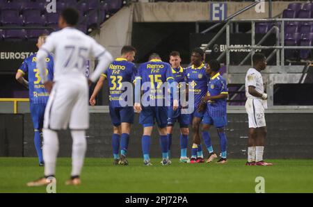 Brussels, Belgium. 31st Mar, 2023. Beveren's Thierno Barry celebrates after scoring during a soccer match between RSCA Futures (Anderlecht U23) and SK Beveren, Friday 31 March 2023 in Brussels, on day 5 (out of 10) of the Promotion Play-Offs of the 2022-2023 'Challenger Pro League' 1B second division of the Belgian championship. BELGA PHOTO VIRGINIE LEFOUR Credit: Belga News Agency/Alamy Live News Stock Photo
