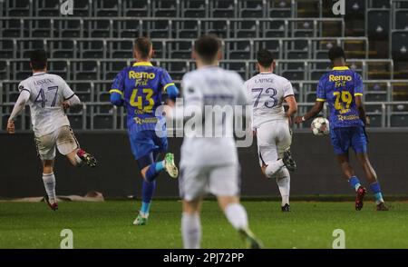 Brussels, Belgium. 31st Mar, 2023. Beveren's Thierno Barry scoring the 0-3 goal during a soccer match between RSCA Futures (Anderlecht U23) and SK Beveren, Friday 31 March 2023 in Brussels, on day 5 (out of 10) of the Promotion Play-Offs of the 2022-2023 'Challenger Pro League' 1B second division of the Belgian championship. BELGA PHOTO VIRGINIE LEFOUR Credit: Belga News Agency/Alamy Live News Stock Photo