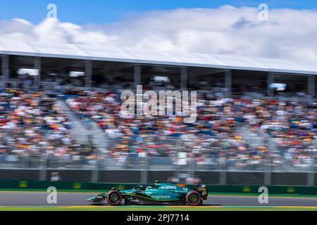 Melbourne, Australia. 31st Mar, 2023. Fernando Alonso of Spain drives the (14) Aston Martin AMR23 Mercedes during practice ahead of the F1 Grand Prix of Australia at the Albert Park Grand Prix circuit on March 31, 2023 in Melbourne, Australia. Credit: SOPA Images Limited/Alamy Live News Stock Photo