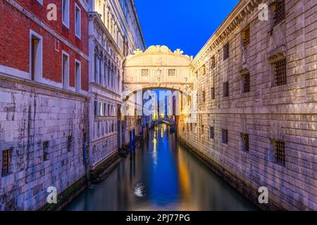 Bridge of Sighs in Venice, Italy at blue hour. Stock Photo