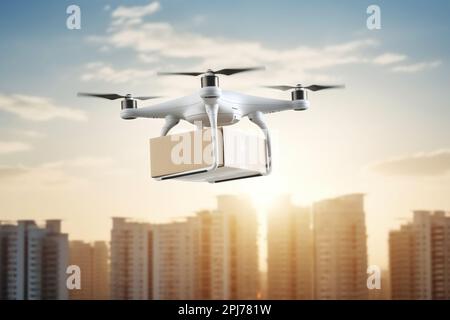 delivery drone with big white box flying, blurred city background Stock ...