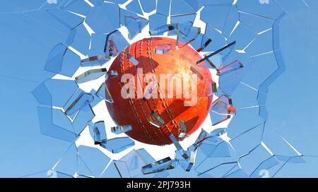 Cricket Ball Breaking Glass, shattered glasses flying on air. Stock Photo