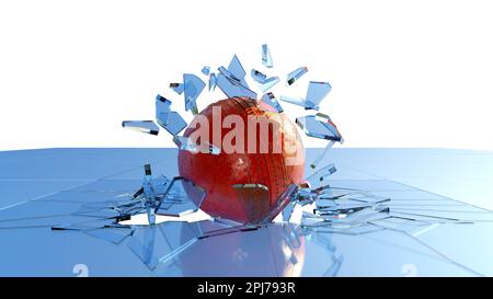 Cricket Ball Breaking Glass, shattered glasses flying on air. Stock Photo