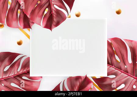 Empty white paper mockup, tropical palm leaves Monstera on white background, flat lay, top view Stock Photo