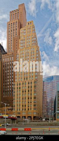 NYC Financial District: 20 and 21 West Street, adjacent brick apartment towers, were designed by Starrett & Van Vleck for different purposes. Stock Photo