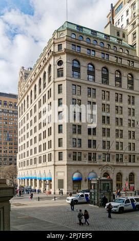 One Broadway, once the anchor of Steamship Row, is a white limestone shell hiding a red brick Queen Anne style office building below. Stock Photo