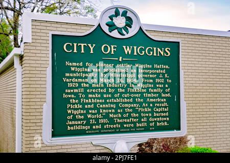 A historic marker stands in front of Wiggins City Hall, March 29, 2023, in Wiggins, Mississippi. Stock Photo