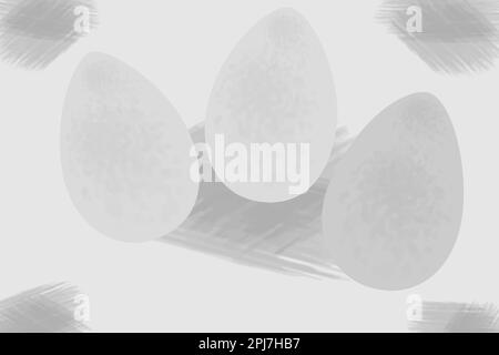 3 Easter Eggs on Abstract background texture with freehand hatching in grayscale. Doodle style. Pen stroke scribble. Hand drawn scrawl sketch texture. Happy Easter. Design for lettering or cards. EPS Stock Vector