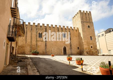 Architectural Sights of The Castle of the Counts of Modica (Castello dei Conti di Modica) in Alcamo, Trapani Province, Sicily, Italy. Stock Photo
