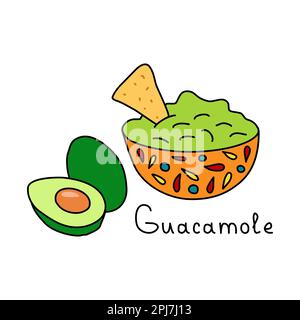 Mexican food guacamole in bowl with avocado and nachos, doodle style vector illustration Stock Vector
