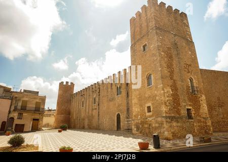 Architectural Sights of The Castle of the Counts of Modica (Castello dei Conti di Modica) in Alcamo, Trapani Province, Sicily, Italy. Stock Photo