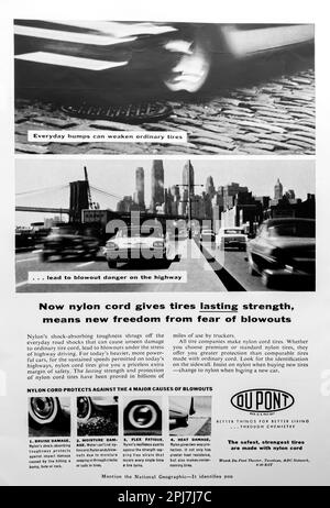 DuPont Nylon tires, tire, tyre advert in a Natgeo magazine, May 1957 Stock Photo