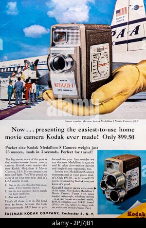 Kodak Medallion 8 movie camera, pocket-size cameras advert in a Natgeo magazine, May 1957 Stock Photo