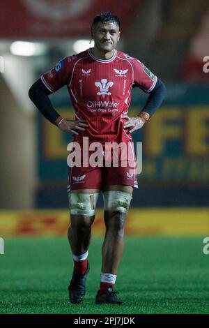 Llanelli, UK. 31 March, 2023. Sam Lousi of Scarlets during the Scarlets v Brive EPCR Challenge Cup Rugby Match. Credit: Gruffydd Thomas/Alamy Stock Photo