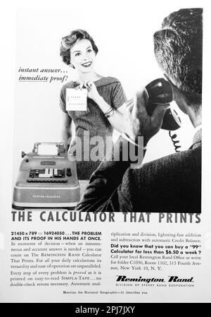 Remington Rand printing calculator advert in a Natgeo magazine, January 1958 Stock Photo