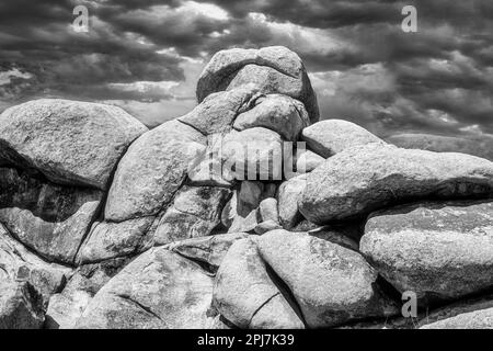 Black-and-white photo of Spectacular rock formations sound in Joshua tree national Park Stock Photo