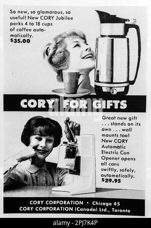 Cory coffee machine, electric can opener advert in a Natgeo magazine, December 1959 Stock Photo