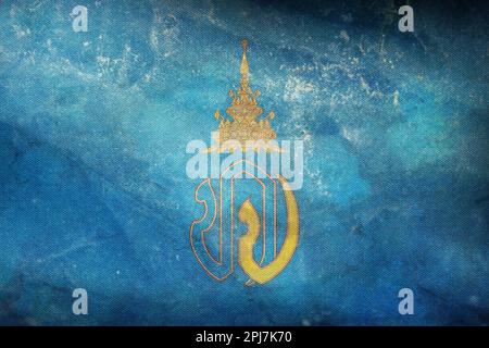 Top view of retro flag Royal Prince Dipangkorn Rasmijoti Thailand with grunge texture. Thai  travel and patriot concept. no flagpole. Plane layout, de Stock Photo