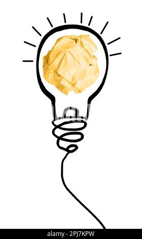 Yellow crumpled paper ball and drawn lamp bulb on white background Stock Photo