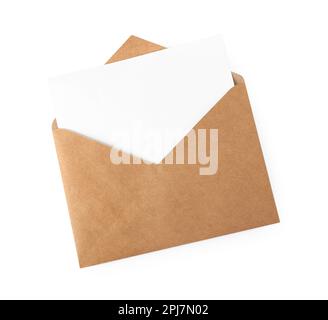 Brown envelope with blank letter on white background, top view Stock Photo