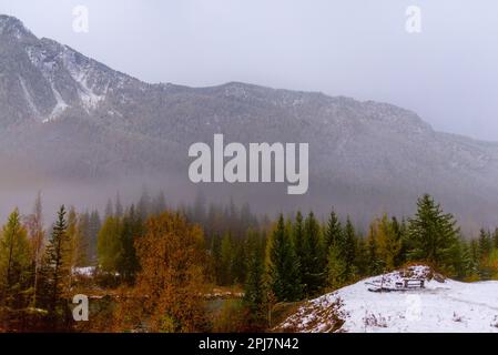 A place to rest with a bench and barbecue in the snow at the edge of a cliff at night in the fog of the mountains near the forest in the Altai in Sibe Stock Photo