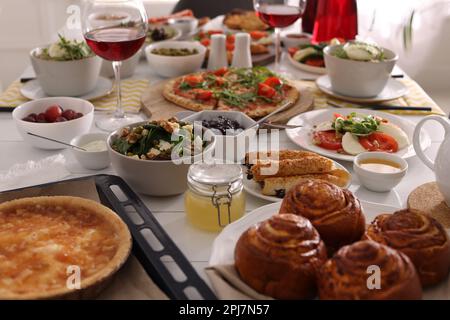 Many different dishes served on buffet table for brunch Stock Photo