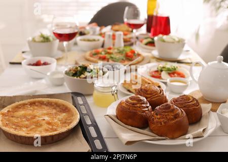 Many different dishes served on buffet table for brunch Stock Photo
