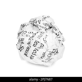 Crumpled sheet of paper with printed text isolated on white Stock Photo