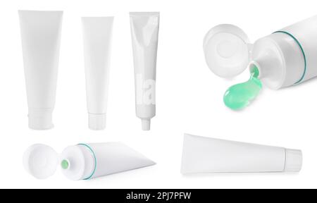 Collage with different toothpastes on white background Stock Photo