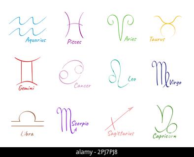 Set with 12 zodiac signs on white background, illustration Stock Photo