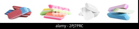 Collage of rubber erasers on white background. Banner design Stock Photo