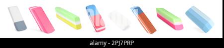 Collage of rubber erasers on white background. Banner design Stock Photo