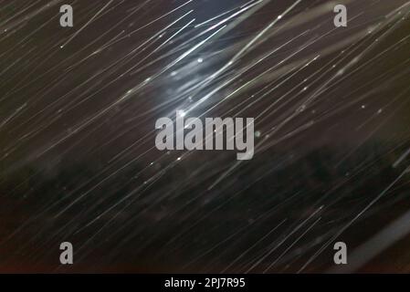 Falling snow at night in the dark in a beam of light against the background of the river and the forest. Stock Photo