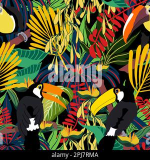 Seamless floral pattern with toucans in tropical rainforest vector illustration Stock Vector