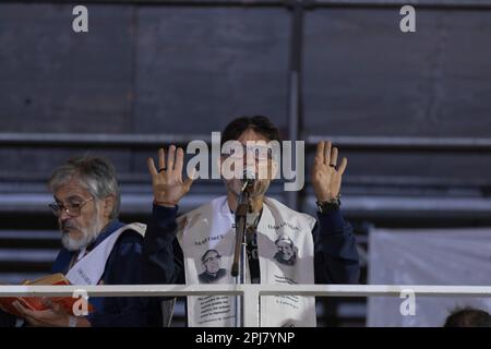 Buenos Aires, Argentina. 31th March, 2023. The priest Pablo Oliveira together with other priests from the Opción por los Pobres group ended the hunger strike that they carried out for seven days in front of the Courts demanding the resignation of the members of the current Supreme Court of Justice of the Nation, among other slogans. Today the strike ended with a public mass in front of the Court building. (Credit: Esteban Osorio/Alamy Live News) Stock Photo