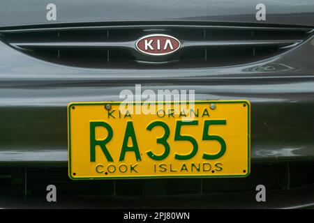 A car license plate displaying Kia Orana, welcome, on the island of Rarotonga, Cook Islands, South Pacific. Stock Photo