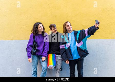 Young diverse friends taking selfies with a mobile phone outdoors. Stock Photo