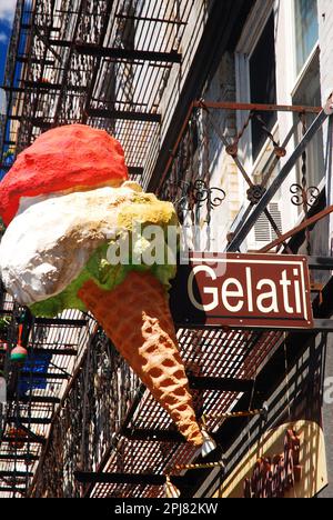 A large ice cream cone entices visitors to a gelato shop in the Italian North End of Boston Stock Photo