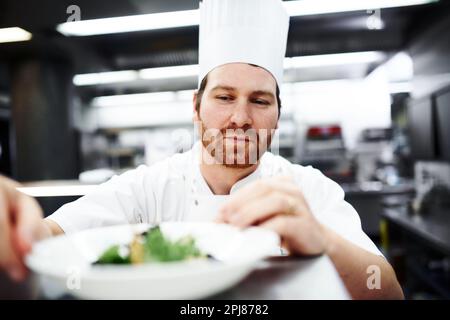 Its all in the presentation. a chef putting the final touches on a dinner plate in a professional kitchen. Stock Photo