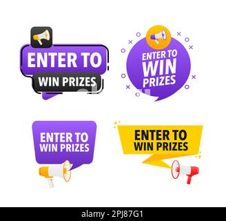 Megaphone label set with text Enter to win prizes. Enter to win prizes announcement banner Stock Vector