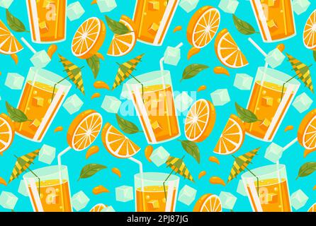 Orange juice with fresh citrus fruit elements, seamless pattern Stock Vector