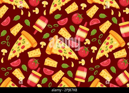 Pizza with mushroom, tomato, cheese and sauce elements seamless pattern Stock Vector