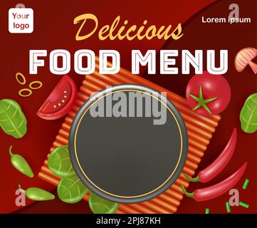 Food social media background. 3d vector mushroom, tomato and chili. Perfect for pizza, barbecue and burgers Stock Vector