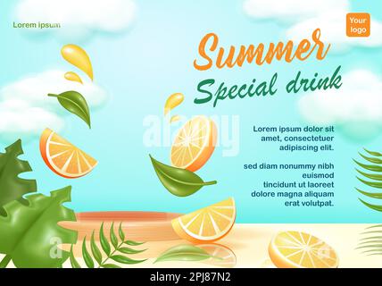 Orange juice podium, 3d vector oranges and summer tropical leaves Stock Vector