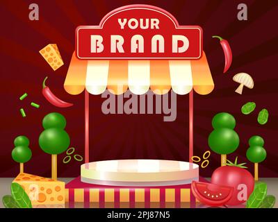 Food podium with shop roof. 3d vector mushroom, tomato, chili and cheese. Perfect for pizza, barbecue and burgers Stock Vector