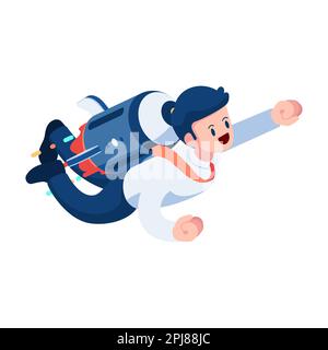 Flat 3d Isometric Businessman Flying Up with Rocket. Business Success and Startup Concept. Stock Vector