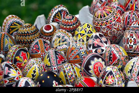 Hand-painted chicken Easter eggs from the Bucovina area, artisanal traditions from Romania Stock Photo